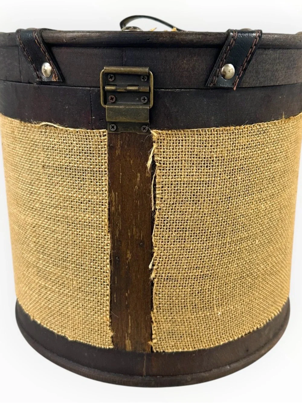 Rustic Round Wood Burlap Storage Box Vintage Style Home Decor 10.5”